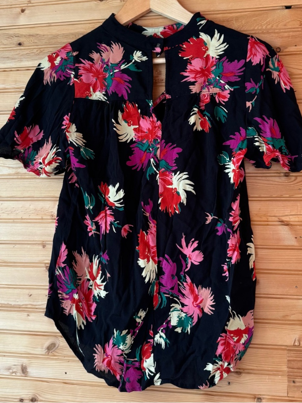 Anthropologie Maeve Blouse Black Pink Floral Keyhole Medium Feminine Coquette